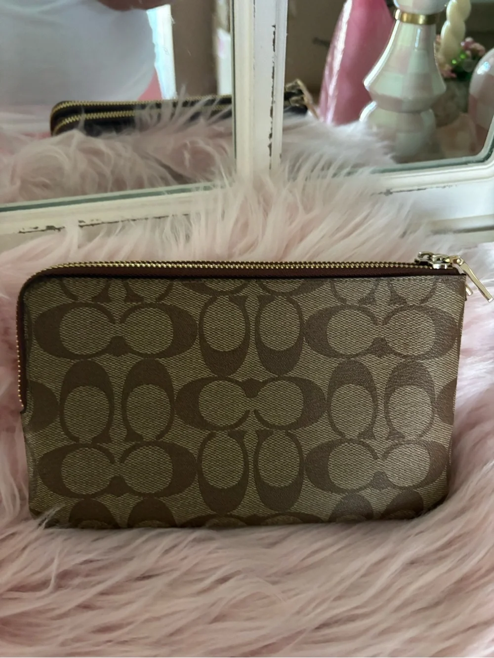 Coach Brown Signature Canvas Zip Wristlet with Gold Logo